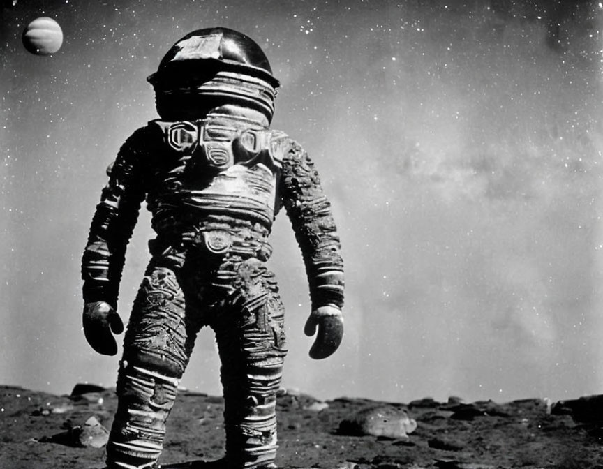 Astronaut in bulky spacesuit on rocky terrain with stars and planet in background