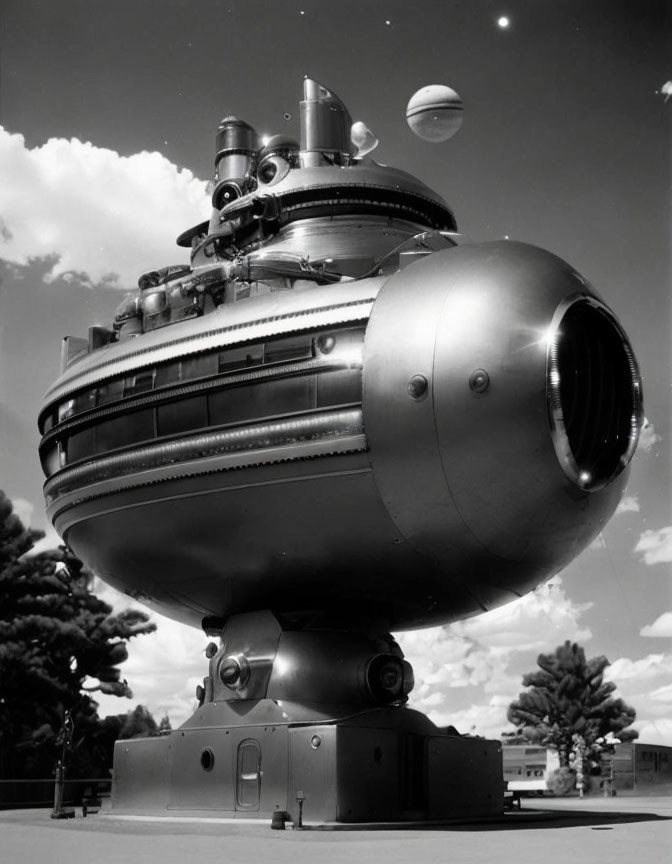 Retro-futuristic spaceship with multiple levels, antennas, and portholes displayed under a cloudy