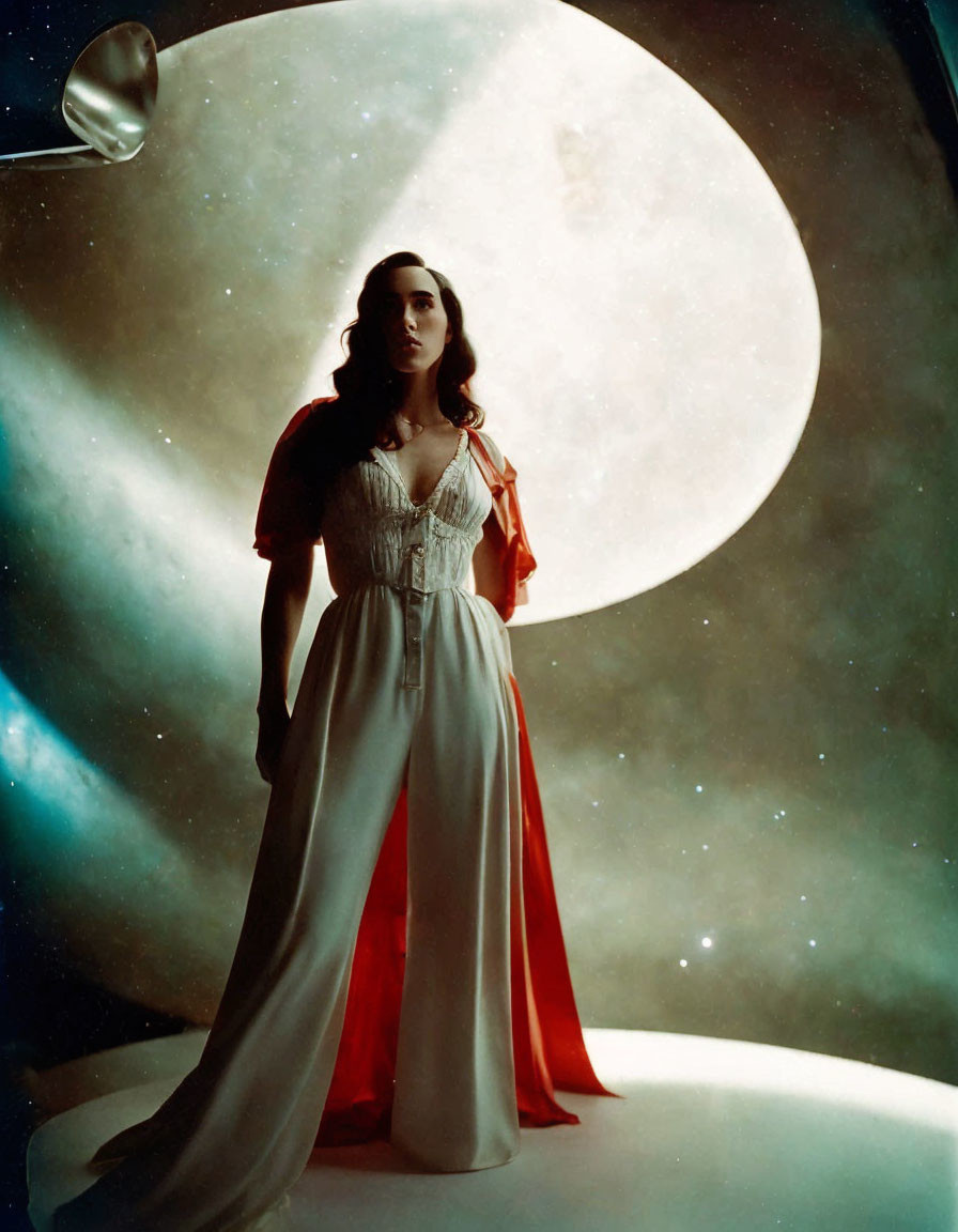 Woman in white dress with red cape on crescent moon in starry sky.