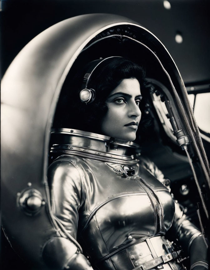 Monochrome image of woman in vintage pilot attire inside cockpit