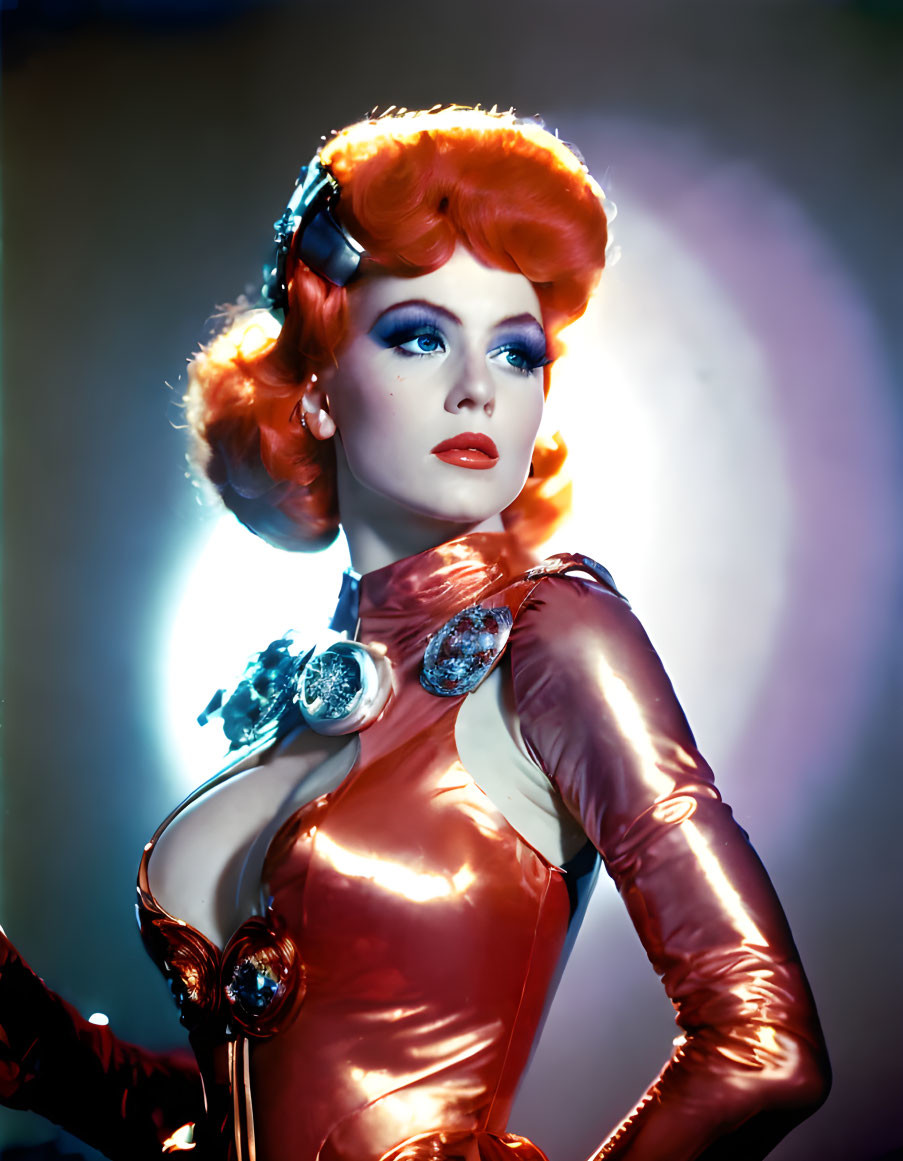 Vibrant red-haired woman in futuristic coral attire against colorful backdrop