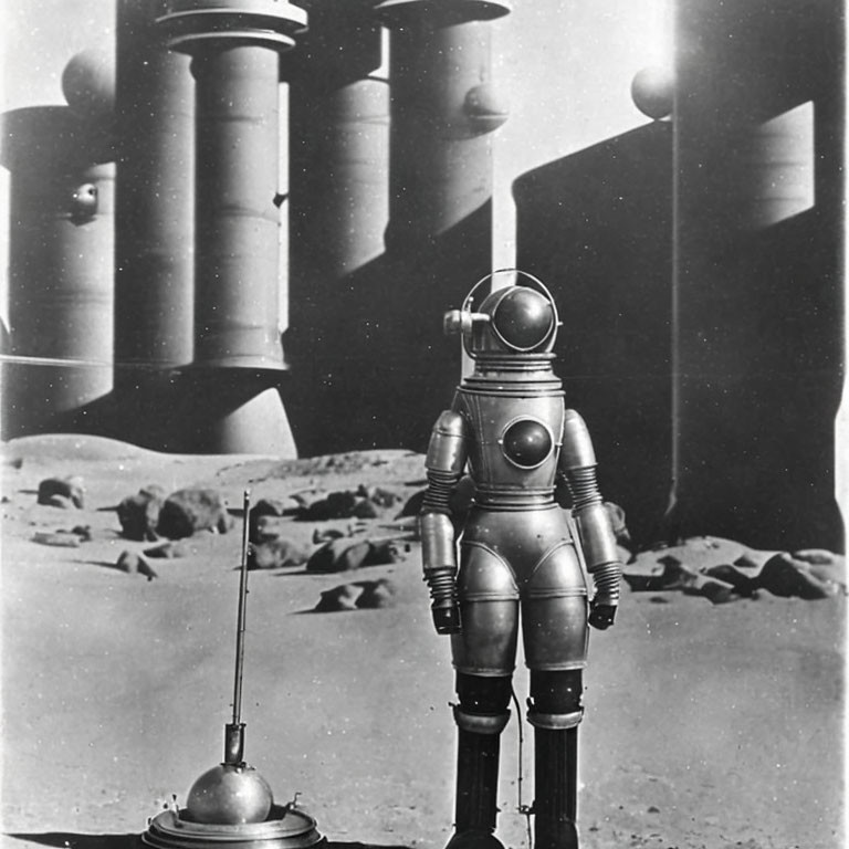 Vintage black and white photo of classic astronaut suit on rocky surface