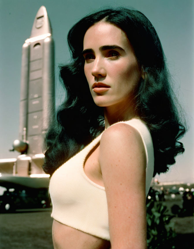 Dark-haired woman with vintage rocket under clear sky