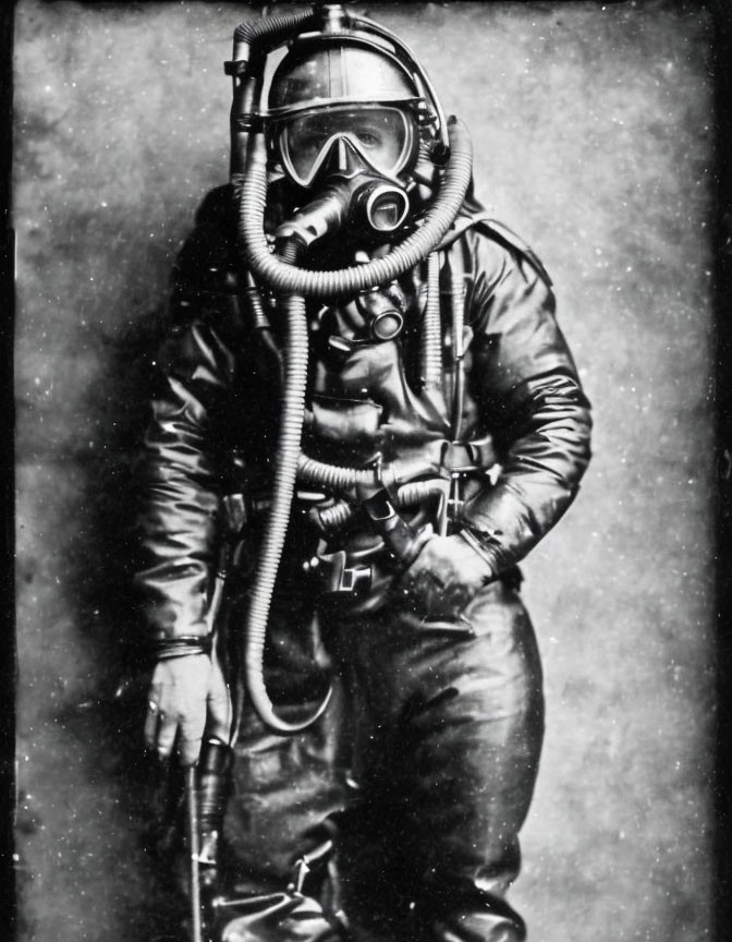 Vintage Diving Suit Portrait with Helmet and Hose