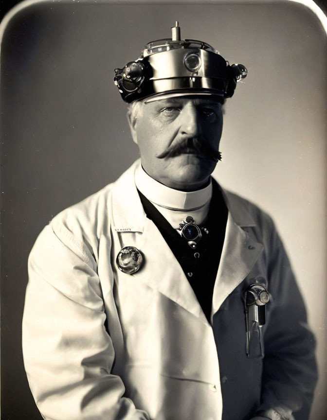 Vintage portrait of man with mechanical headband and white coat holding tool