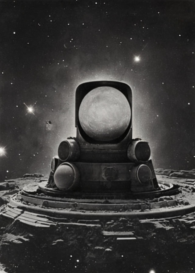 Vintage Monochrome Image: Large Telescope Pointing at Full Moon