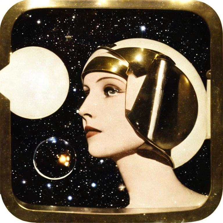 Vintage-style Woman with Futuristic Helmet in Space Illustration