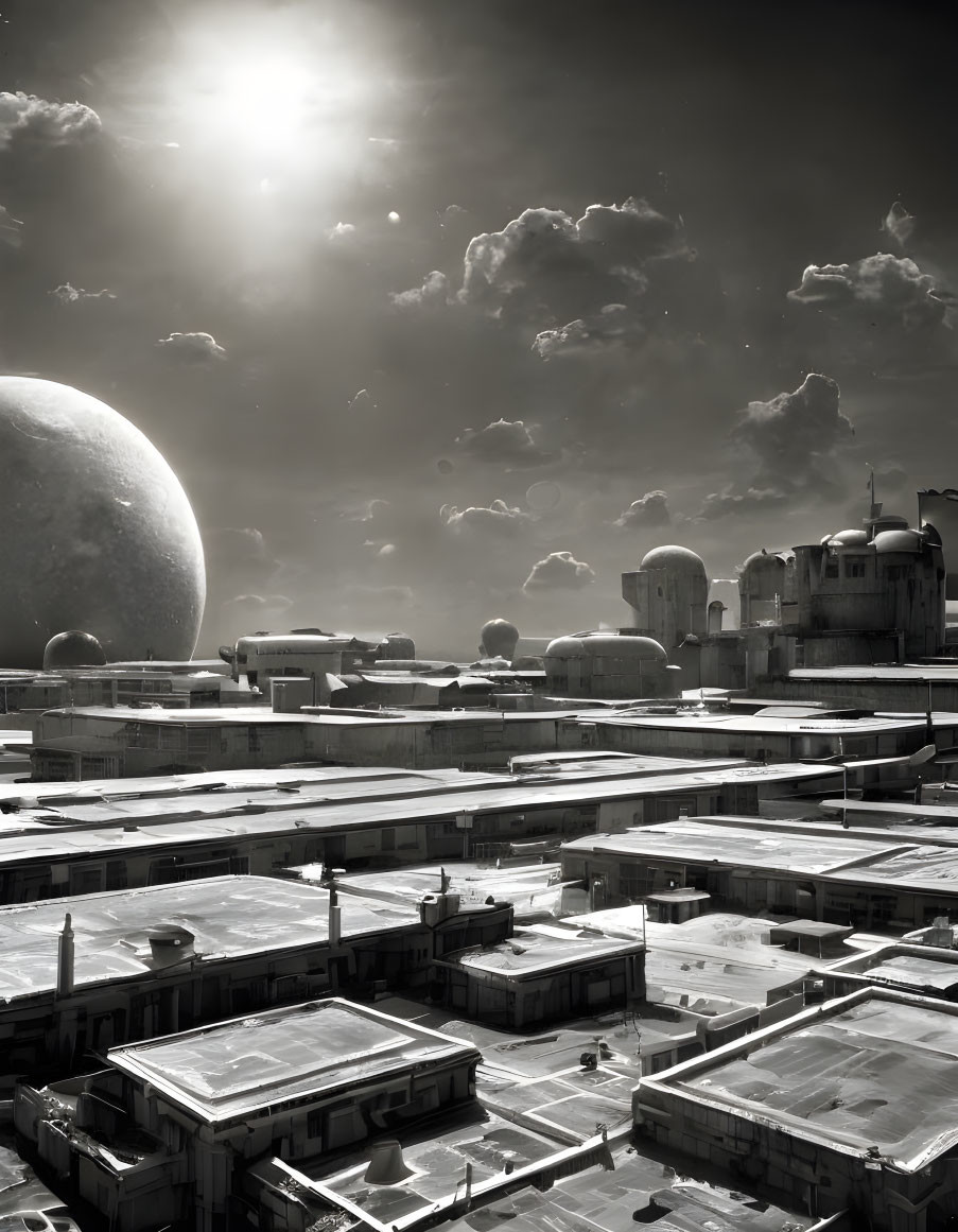 Monochrome sci-fi cityscape with futuristic buildings and celestial bodies