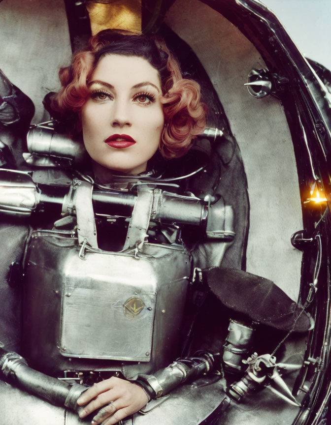 Vintage Makeup and Curly Hair Woman in Retro Robotic Suit with Open Hatch