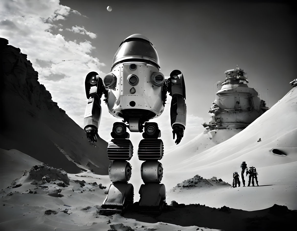 Monochrome image of large robot, astronauts, and spacecraft on rocky landscape