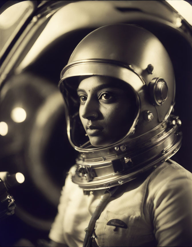 Vintage astronaut in helmet and suit gazes at camera with large space helmet in background