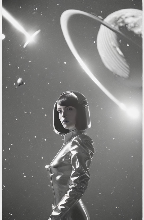 Futuristic black and white image of a woman in space suit with celestial bodies.