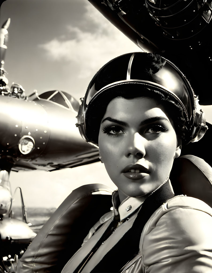 Vintage Portrait of Woman in Pilot's Gear with Aircraft Background