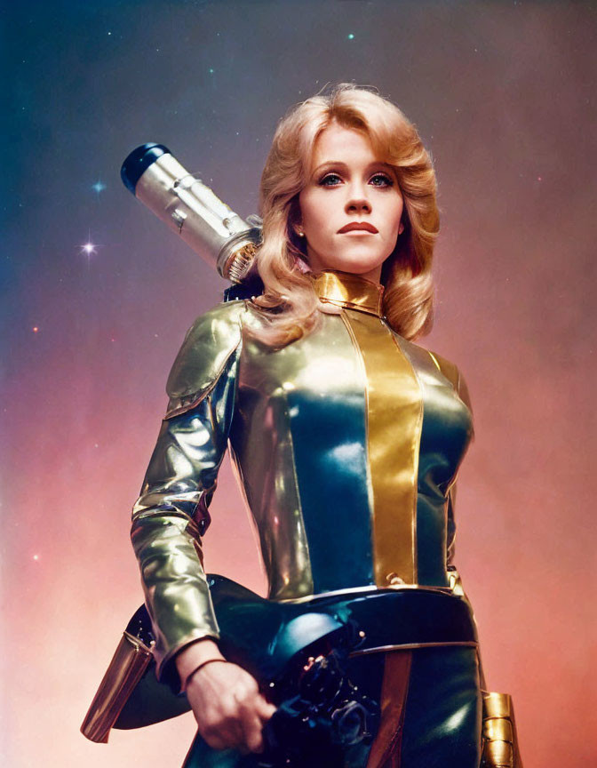 Futuristic woman in gold and green costume with silver ray gun in space