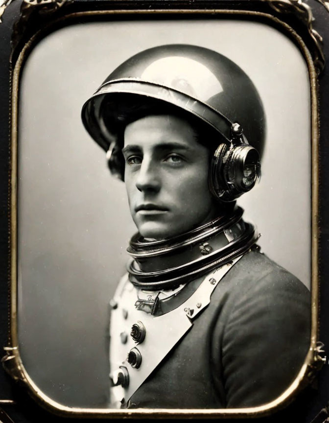 Vintage Portrait of Young Man in Helmet with Communication Earpieces