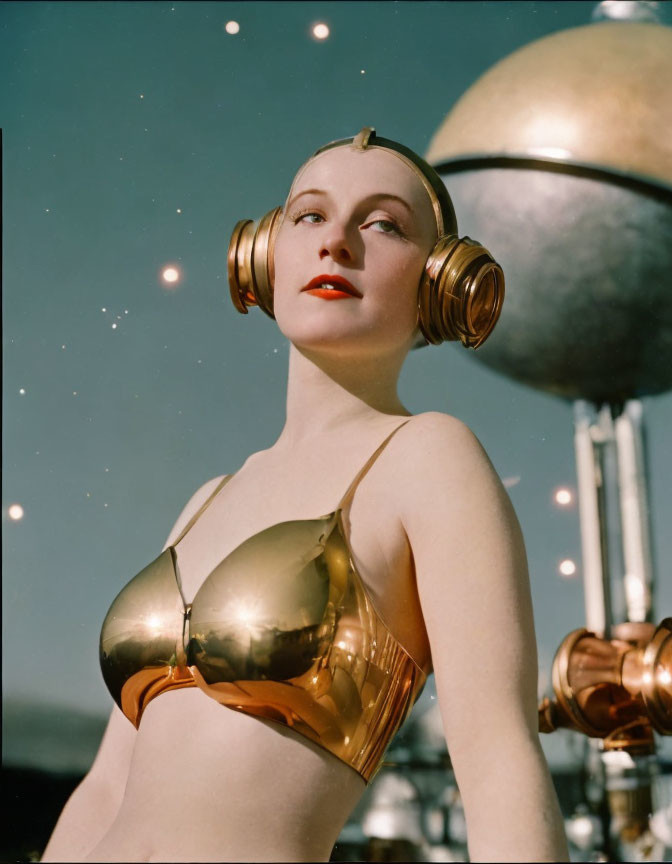 Futuristic woman in gold attire with spherical structures under starry sky