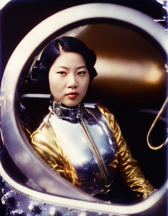 Gold Space Suit Woman in Circular Hatch with High Collar Helmet