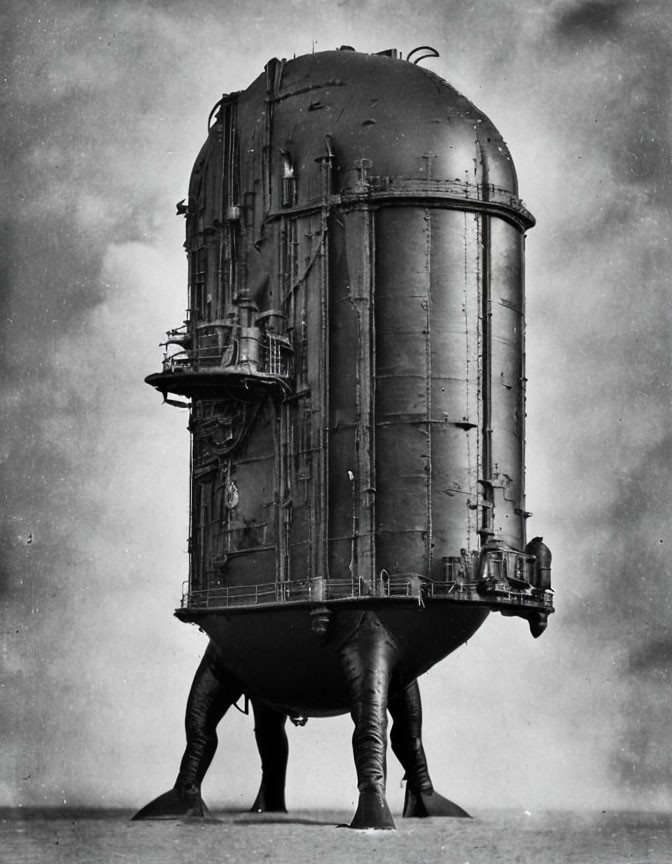 Metallic cylinder structure on two boot-clad legs against cloudy sky.