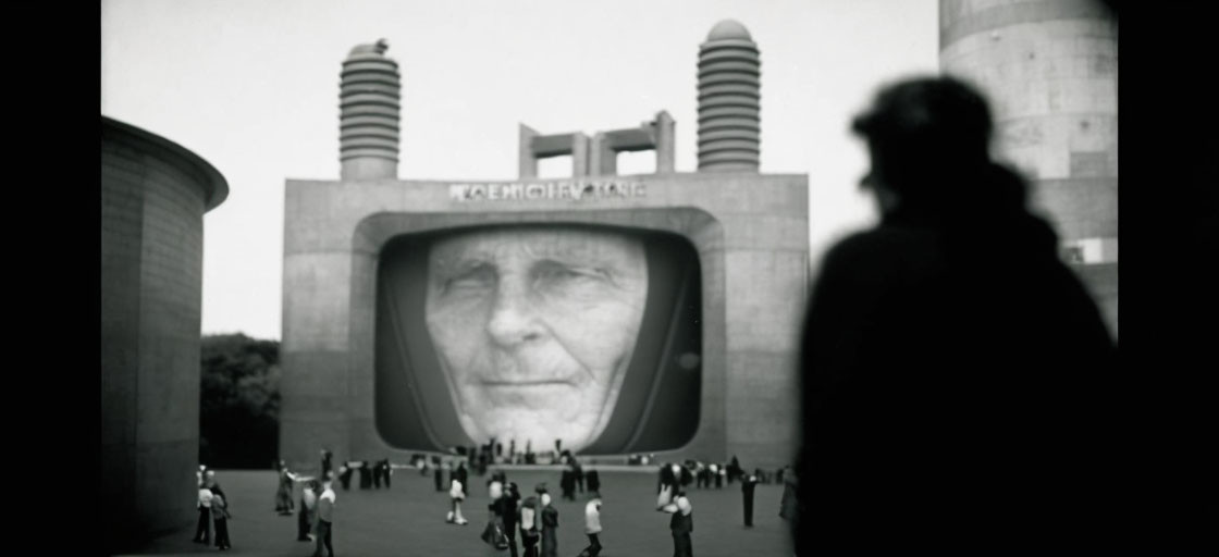 Silhouetted figure, large screen, modern architecture with two towers