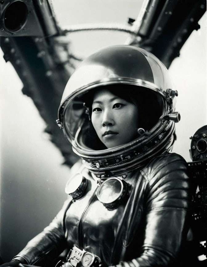 Vintage astronaut in large helmet gazes at distant spacecraft frame