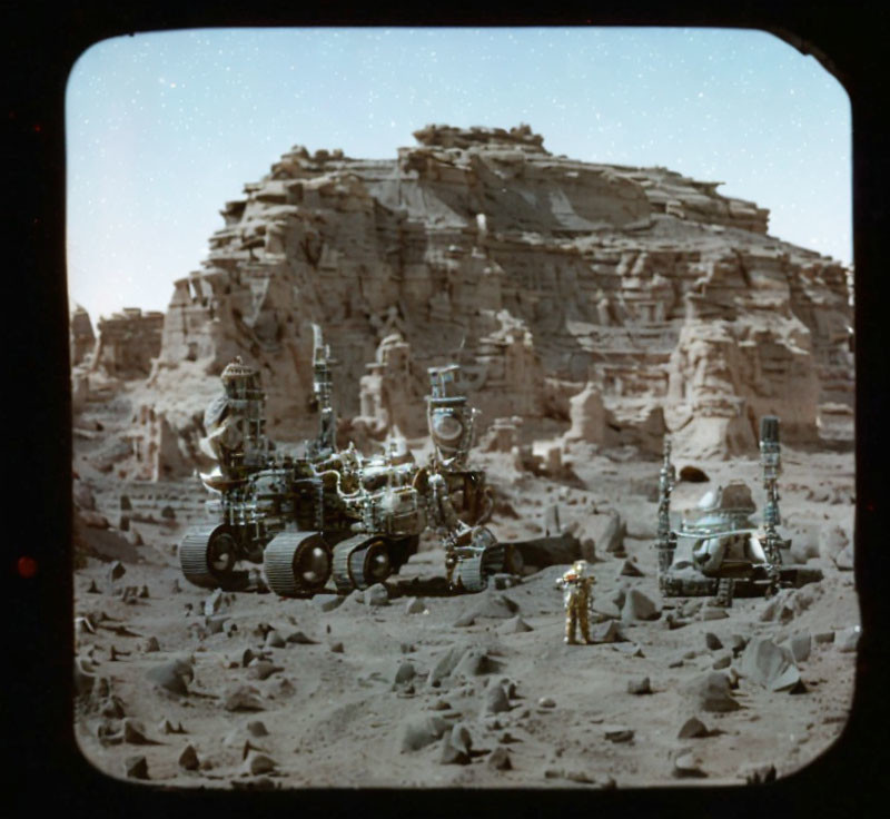 Vintage-style Space Rover, Astronaut, and Lander on Rocky Martian Terrain