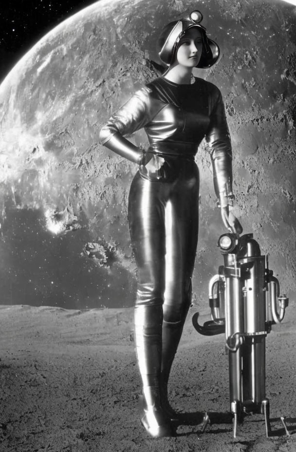 Vintage black-and-white image of woman in retro-futuristic space suit on lunar surface with large moon