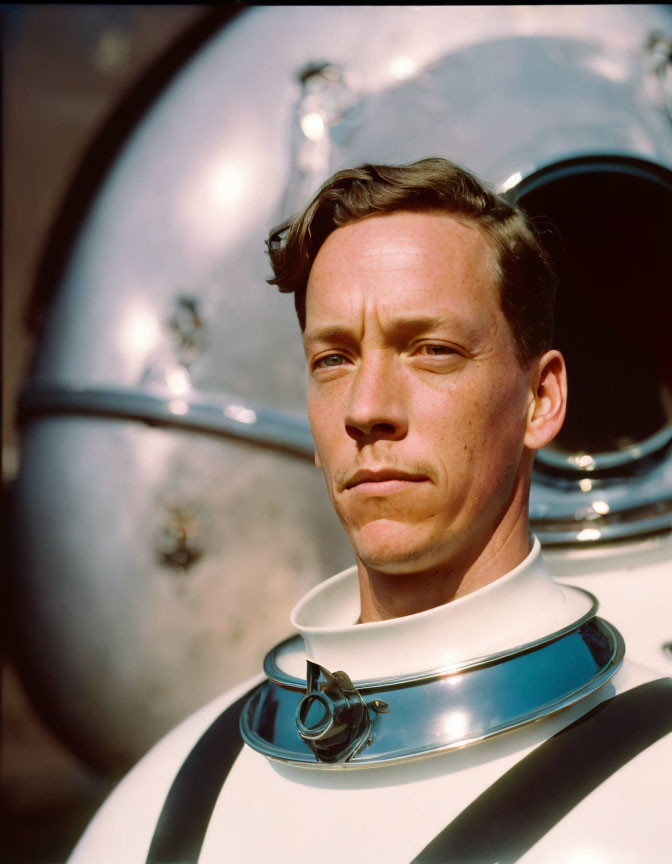 Man in white space suit with helmet, looking sideways under natural light