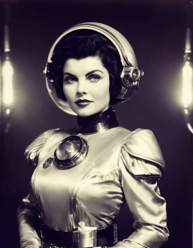 Vintage black and white photo of woman in retro-futuristic costume with helmet and metallic accents