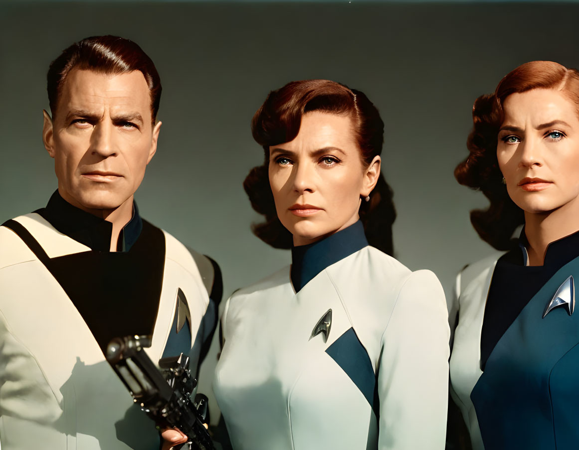 Three individuals in futuristic uniforms with emblem, two women and one man, standing confidently in a serious demeanor