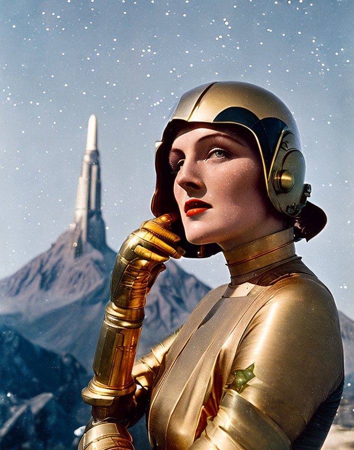 Golden space suit woman with rocket and mountain in retro-futuristic scene