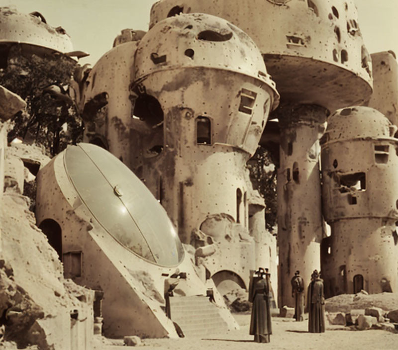 Sepia-Tone Image of People in Cloaks Near Futuristic Dome Buildings