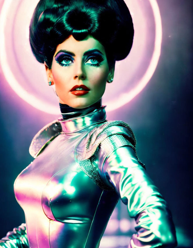 Futuristic woman in metallic outfit with dramatic makeup on purple background