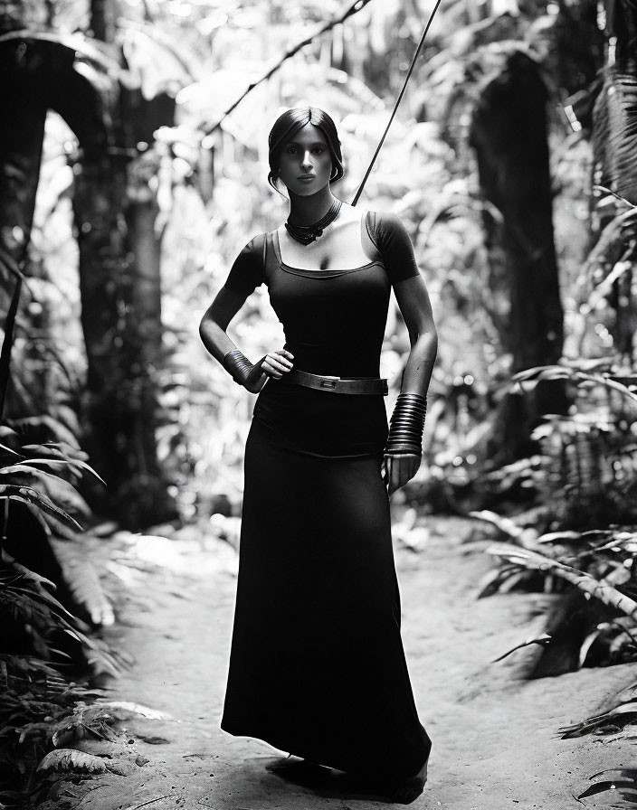 Monochrome photo of woman in long dress in forest with filtered light