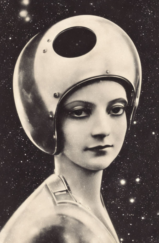 Vintage Black and White Photo: Person with 1920s Hairstyle in Metallic Astronaut Helmet surrounded