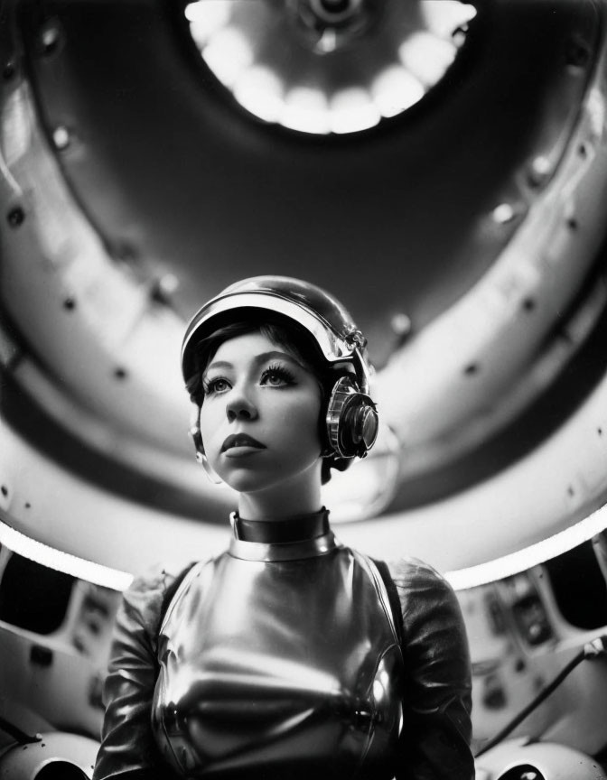 Futuristic woman in helmet and clothing inside metallic structure