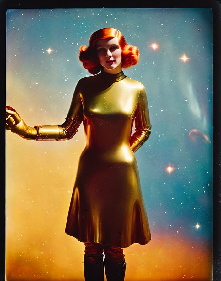 Red-haired woman in vintage sci-fi attire against starry backdrop