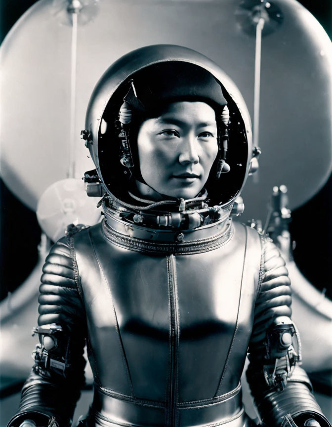 Vintage astronaut in serious pose with spherical backdrop