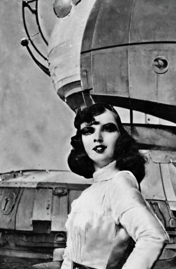 Monochrome vintage photo: Woman in 1930s attire with telescope