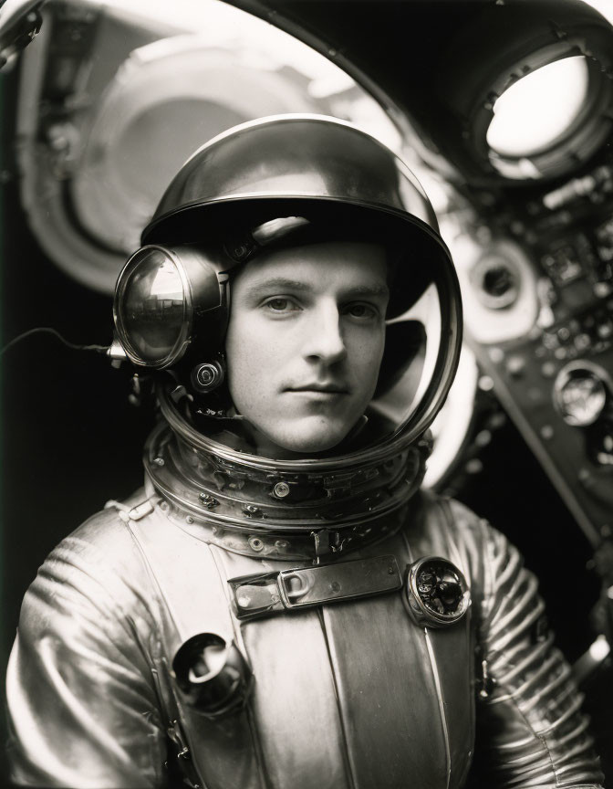 Vintage astronaut portrait inside spacecraft with instrument panels.