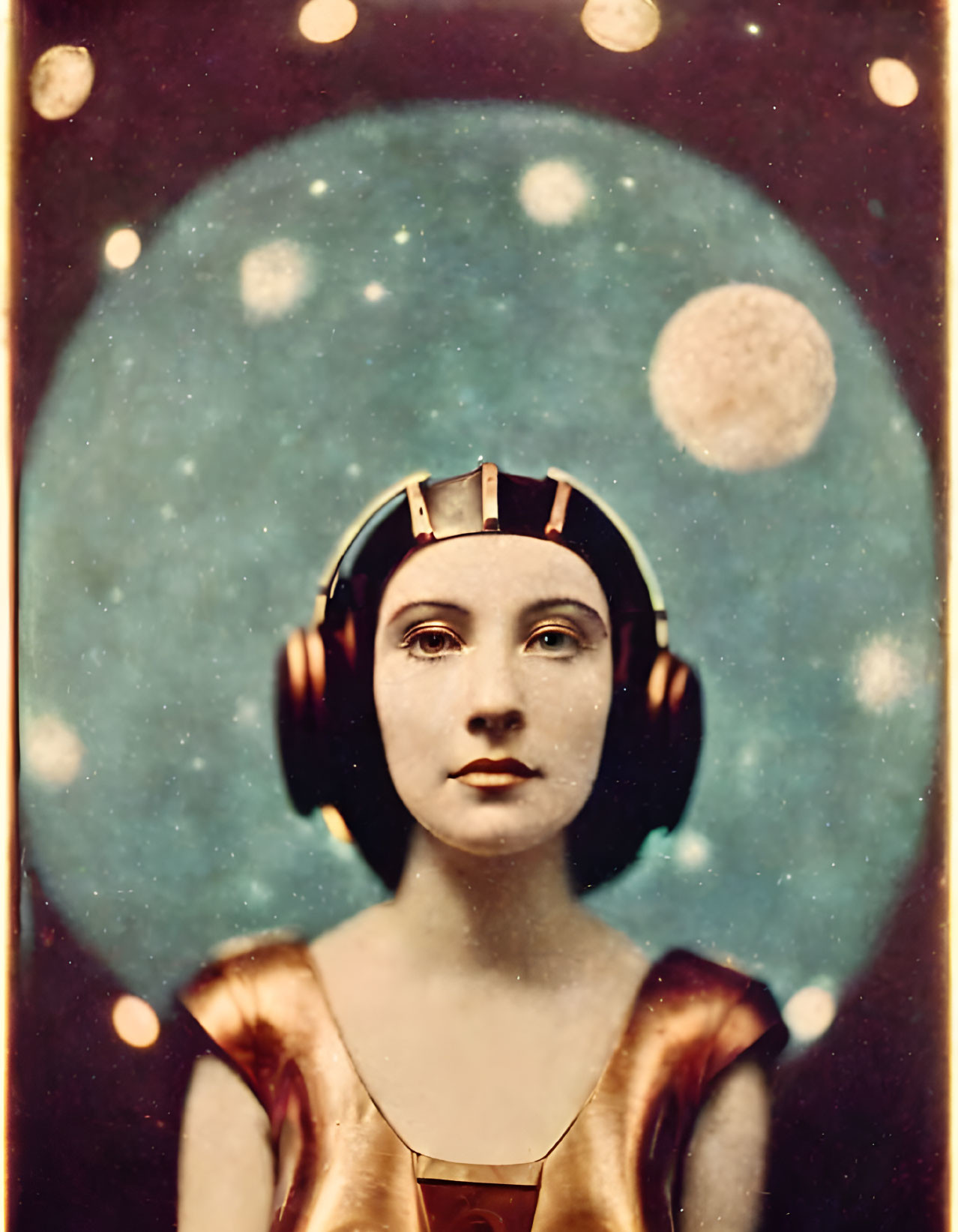 Vintage-Style Portrait of Woman with Celestial Backdrop and Futuristic Golden Helmet