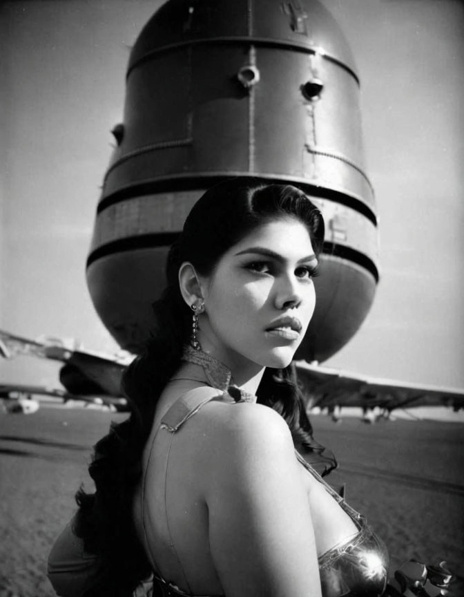 Woman with wavy hair and earrings near missile and aircraft.