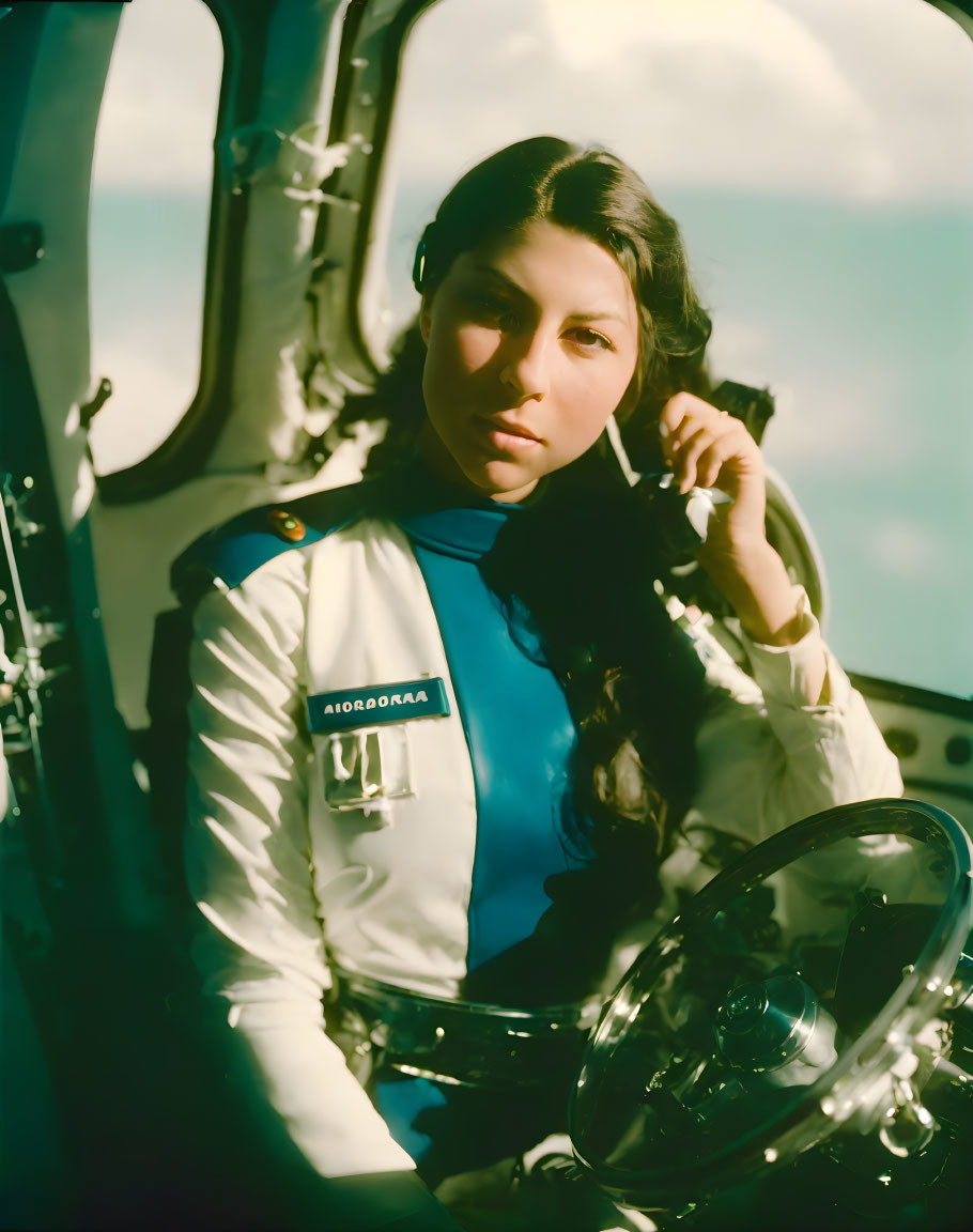 Vintage pilot woman in aircraft cockpit with headphones, gazing thoughtfully under clear skies