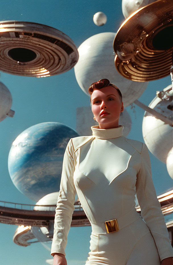 Futuristic woman in high-collar white outfit against celestial backdrop