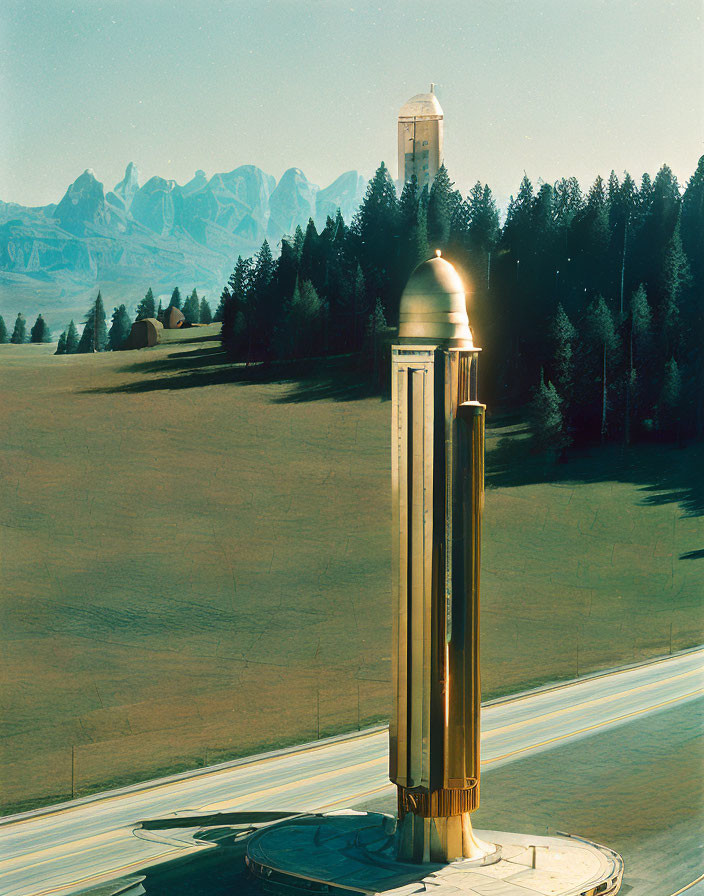 Golden Art Deco Tower in Meadow with Mountains and Clear Sky