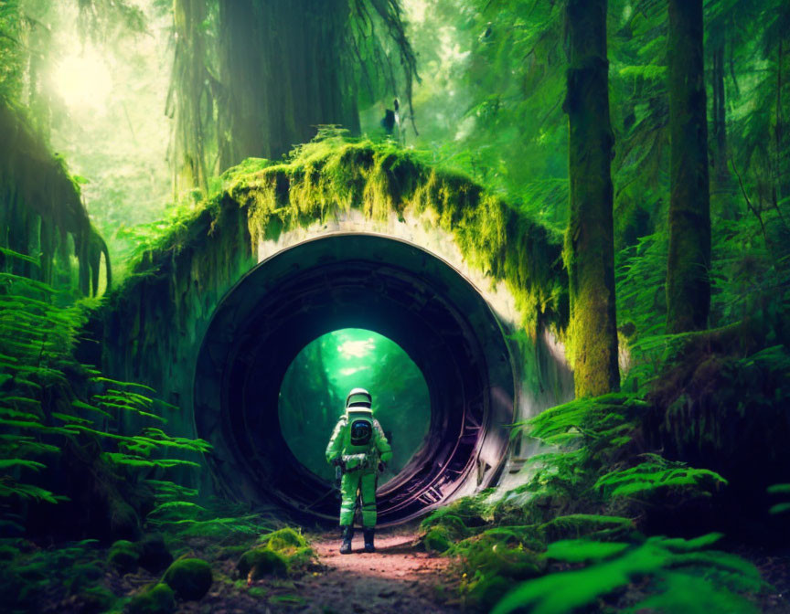 Astronaut in lush forest with old tunnel and sunlight