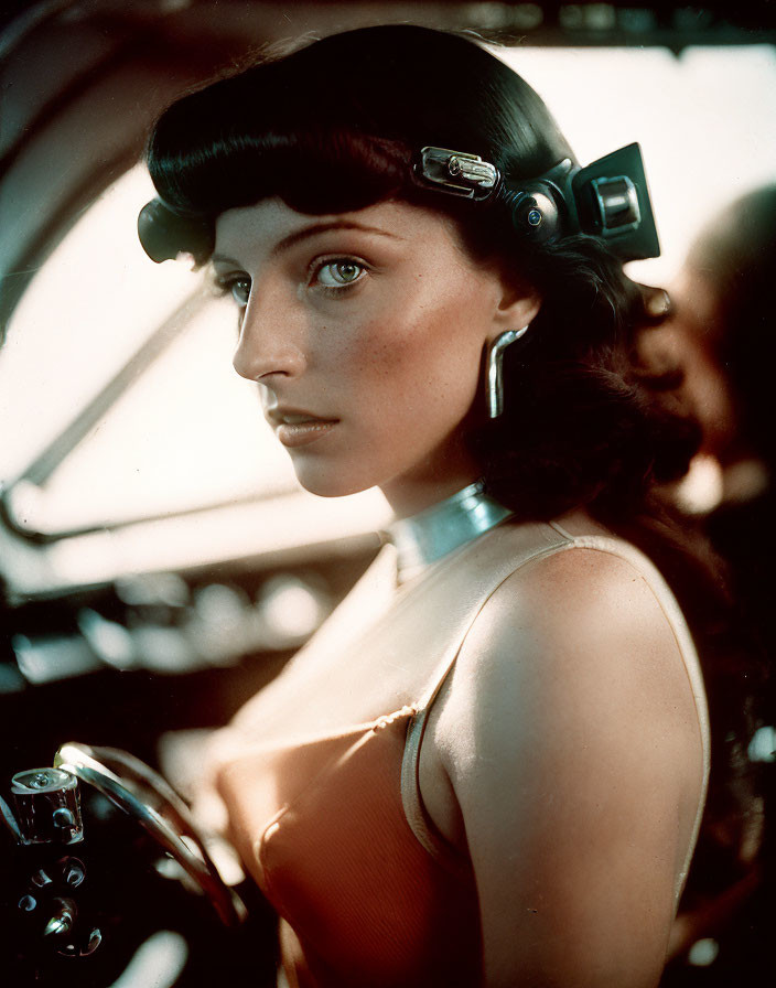 Vintage headset woman in brown top in sunlit vehicle cockpit