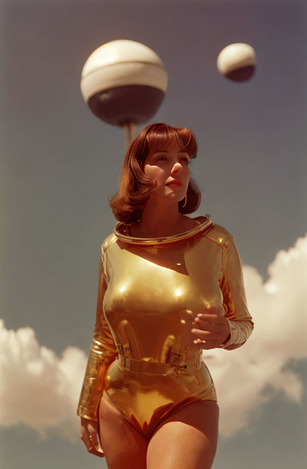 Retro-futuristic portrait of a woman in gold spacesuit with stylized planets and clouds