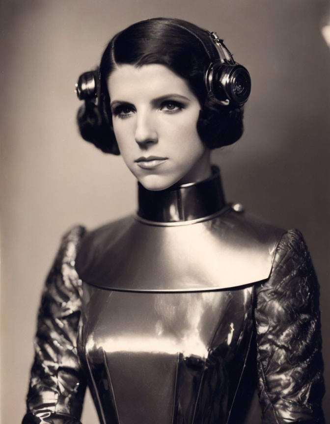 Monochrome image of woman in sci-fi outfit with metallic dress and headphones