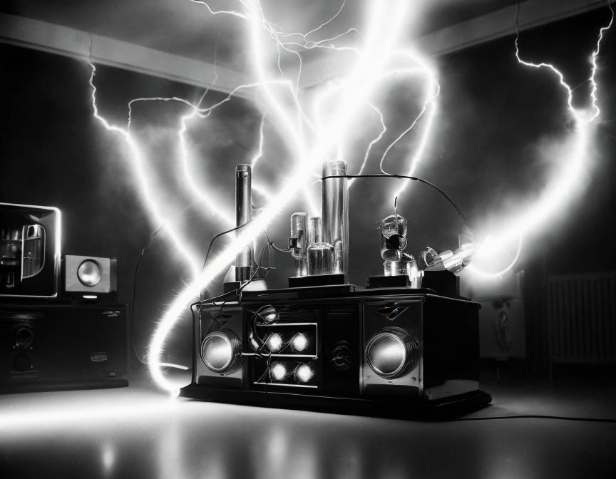 Vintage audio equipment with glowing tubes and dynamic lightning effects