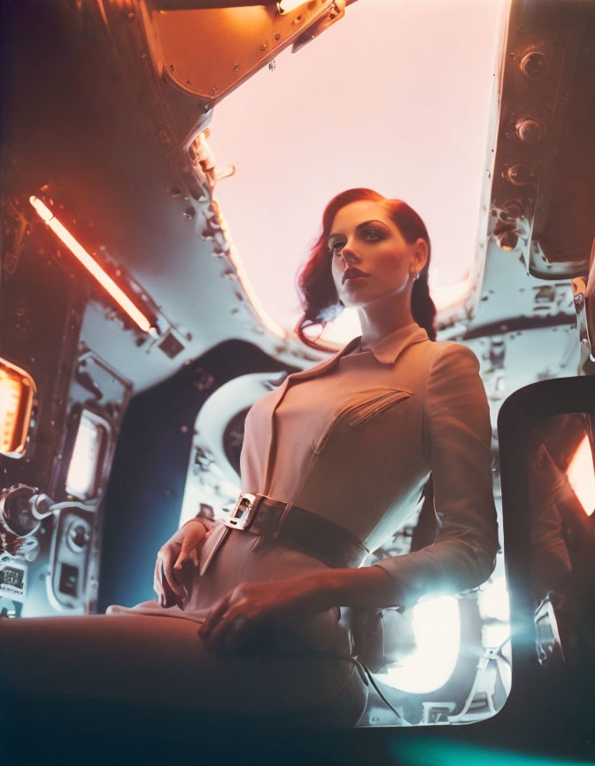 Futuristic woman in neon-lit space interior